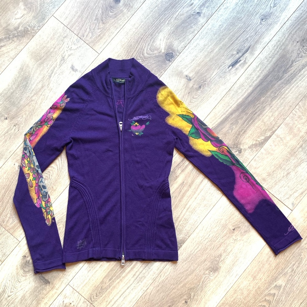 Ed Hardy women’s S purple fitted zip up sweater